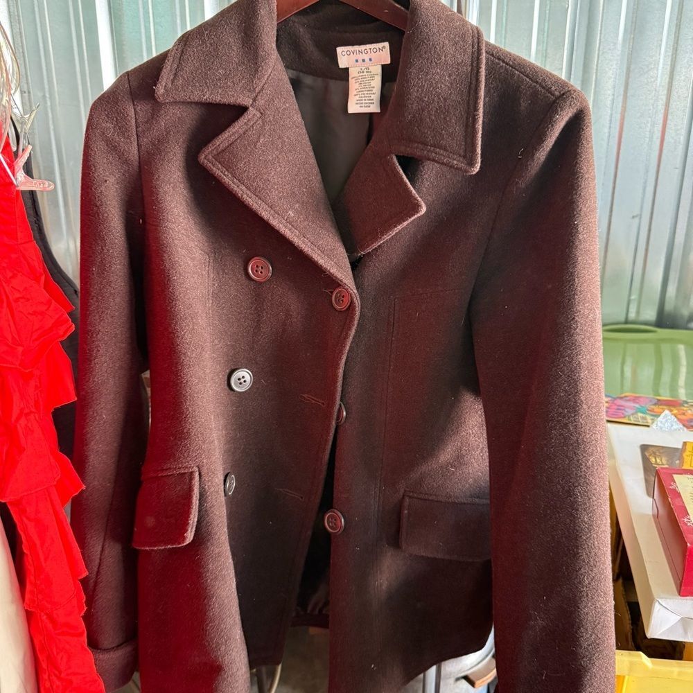Classic Covington Wool blend pea coat Brown Large 14-16 vintage warm buttons